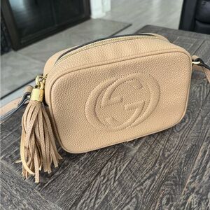 Beige Leather Tassel Crossbody Bag Soho Disco Style Gold Hardware